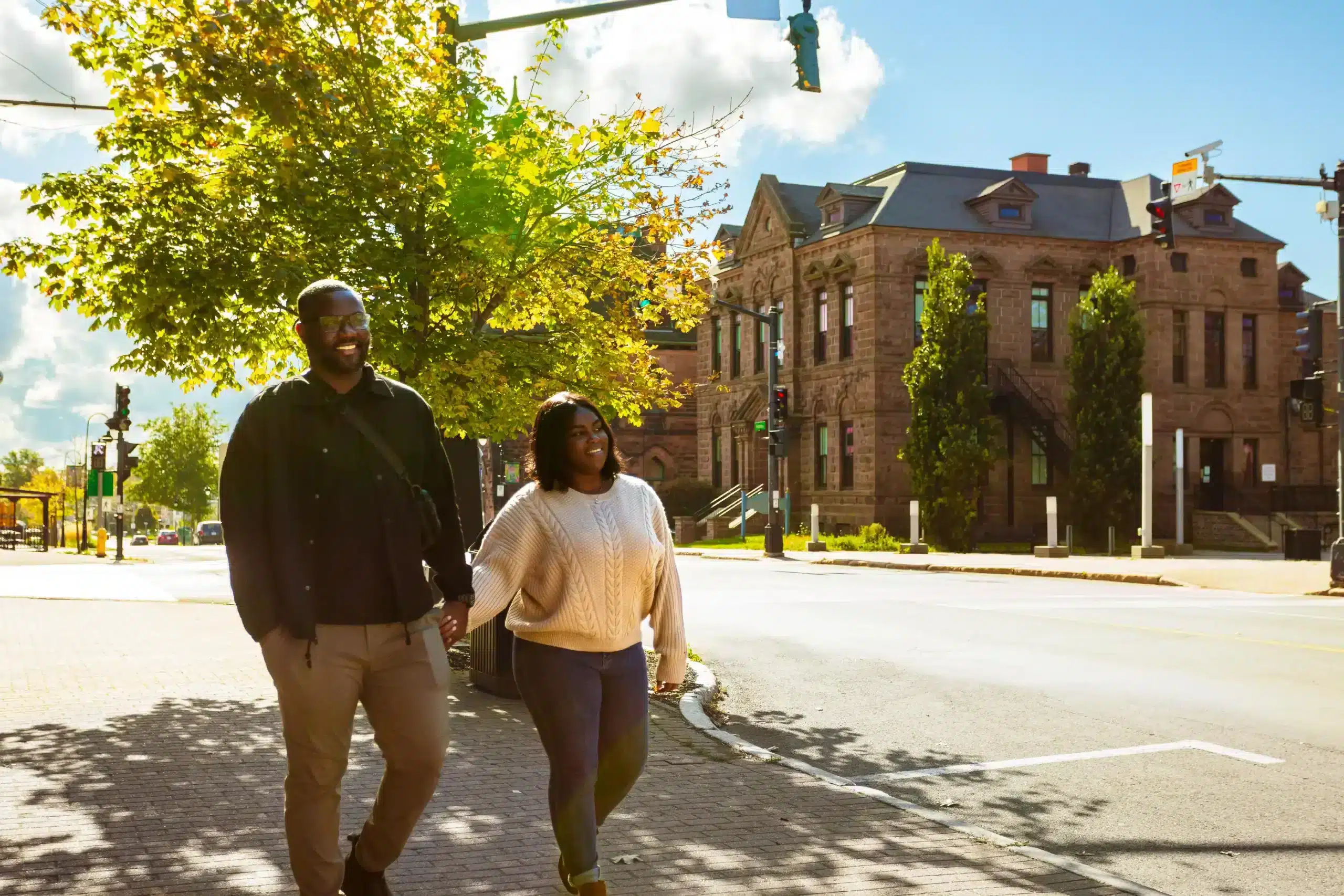 Couple walking around down town Amherst, Nova Scotia