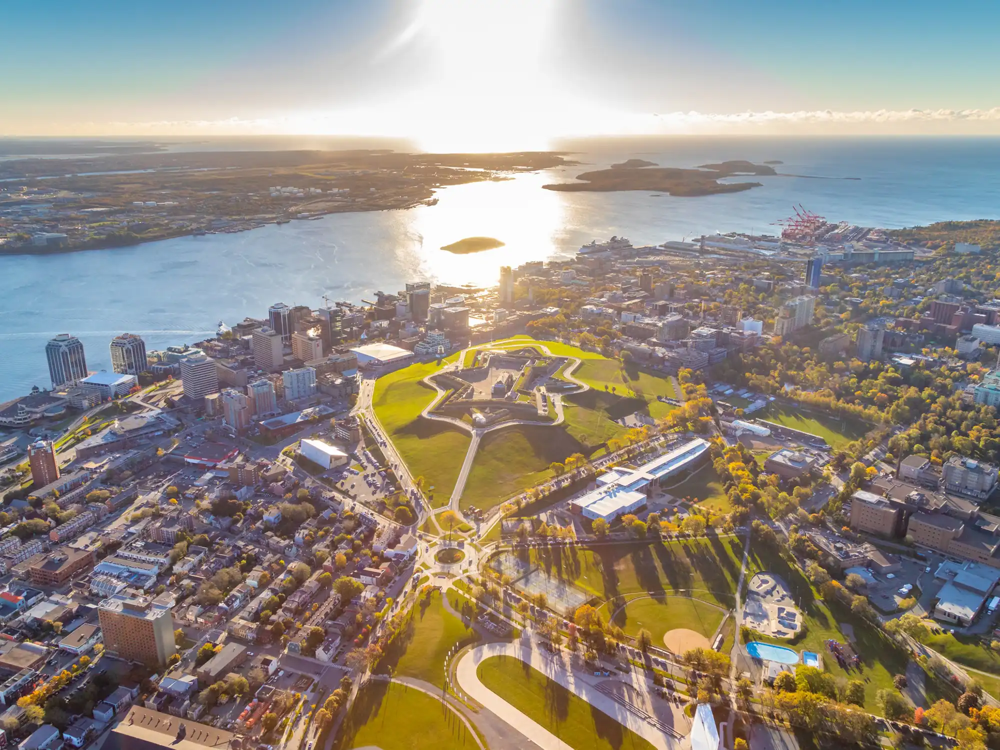 An aerial view of Halifax, Nova Scotia with the harbour in the background and the citadel fort.